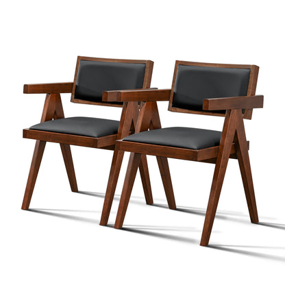 Pair of modern wood armchairs with black cushions, FredCo International furniture
