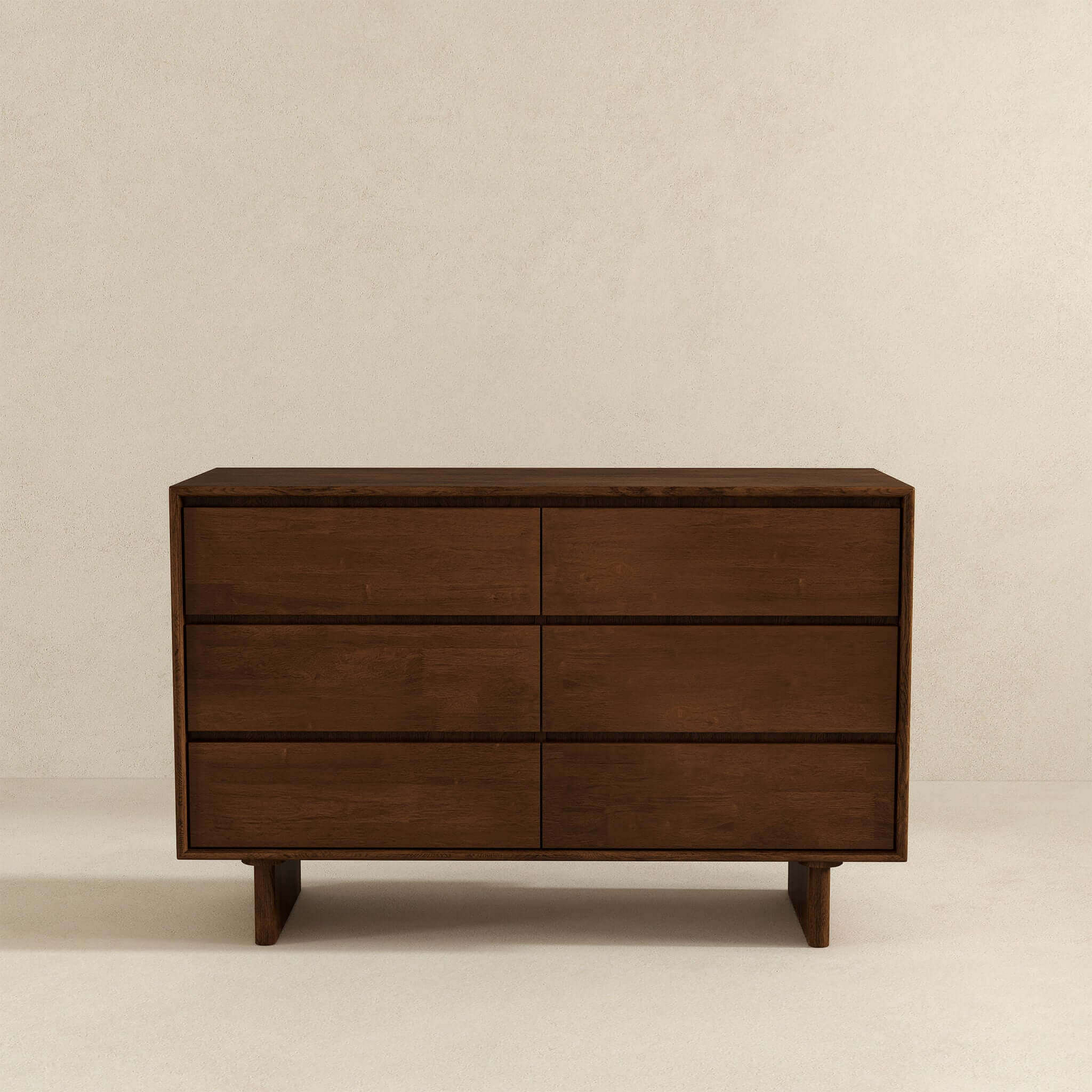 Modern wooden dresser with six drawers on beige background, FredCo International furniture