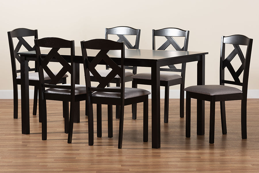 Baxton Studio Ruth Modern Transitional Grey Fabric Upholstered and Dark Brown Finished Wood 7-Piece Dining Set