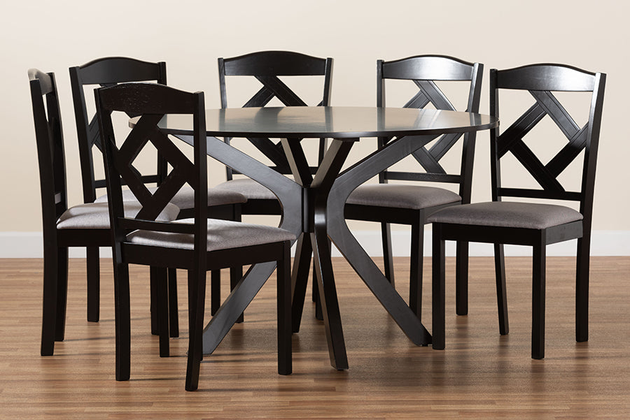 Baxton Studio Carlin Modern Transitional Grey Fabric Upholstered and Dark Brown Finished Wood 7-Piece Dining Set