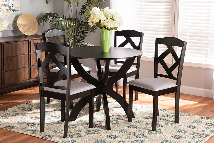 Baxton Studio Nesa Modern Transitional Grey Fabric Upholstered and Dark Brown Finished Wood 5-Piece Dining Set