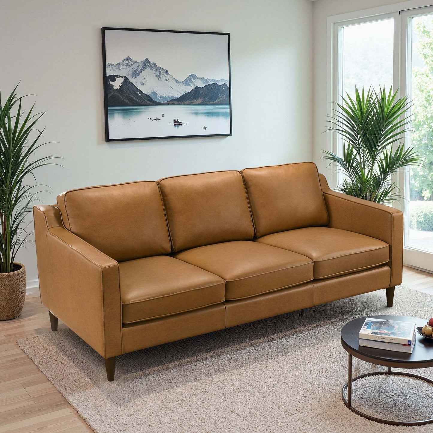 Cooper Mid Century Modern Tan Leather Sofa with Easy Maintenance and Solid Wood Frame FredCo