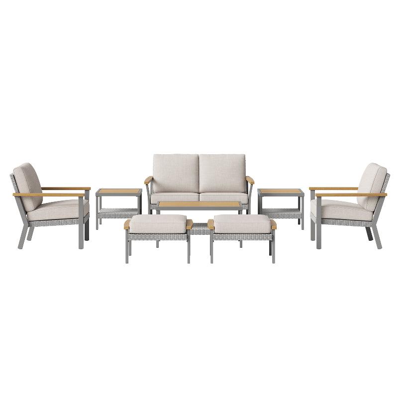 HOME Sencillo Collection -8 Piece Patio Furniture Set 1 Coffee Table 2 Small Coffee Tables 1 Loveseat 2 Lounge Chairs and 2 Ottomans Beige