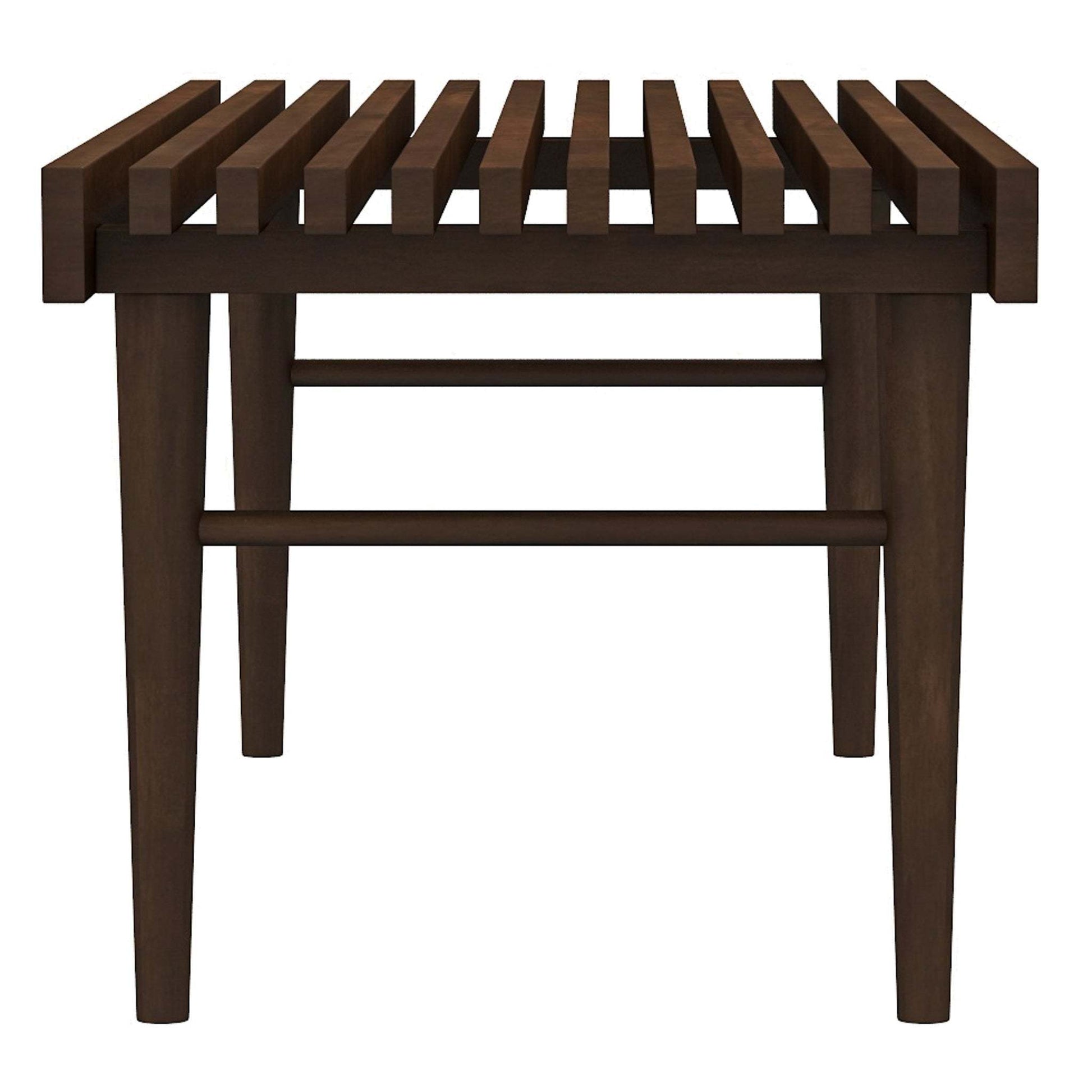 Modern dark wood slatted bench with tapered legs, FredCo International furniture
