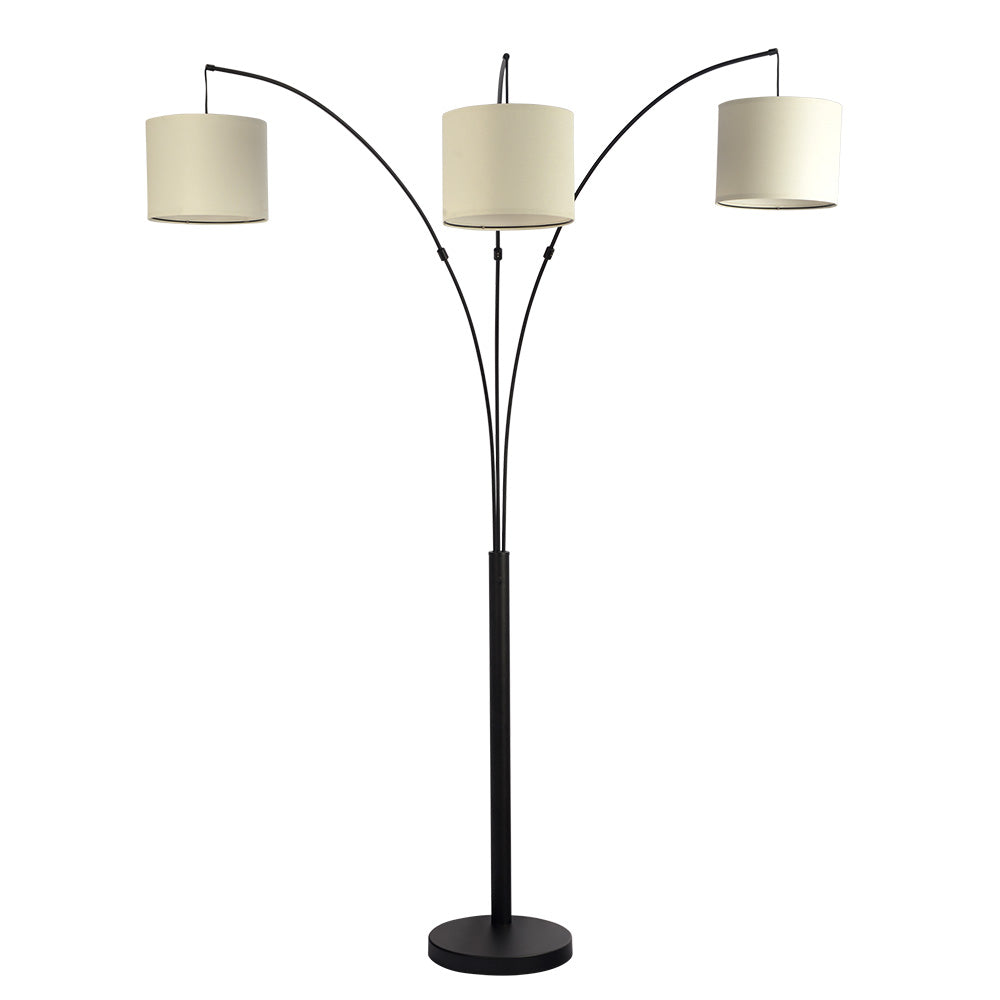 Modern black floor lamp with three curved arms and beige drum shades, FredCo International furniture