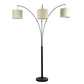 Modern black floor lamp with three curved arms and beige drum shades, FredCo International furniture
