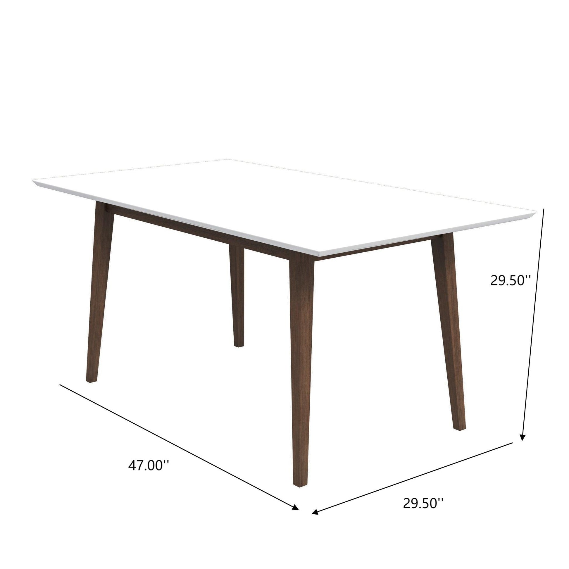 Modern rectangular dining table with white top, wood legs, and size dimensions shown