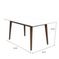 Modern rectangular dining table with white top, wood legs, and size dimensions shown