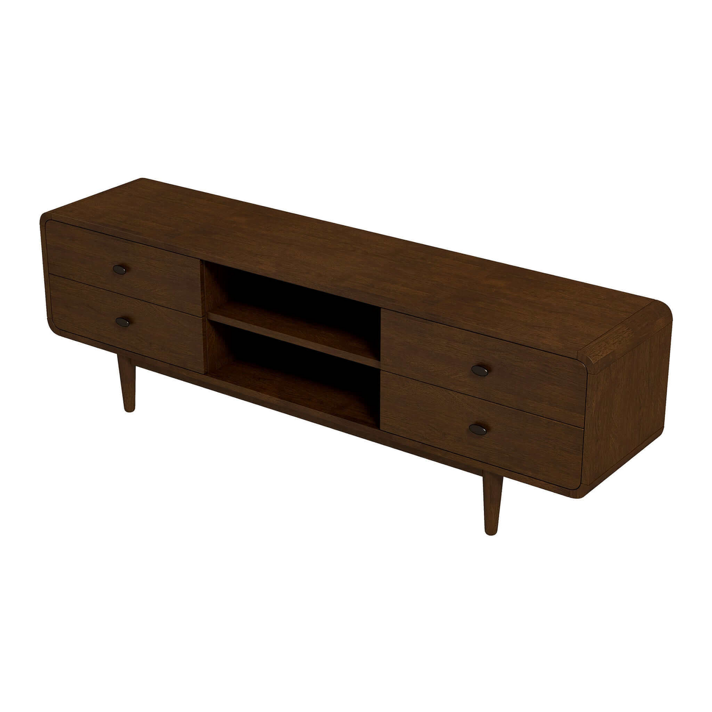 Mid-century modern wooden TV stand with drawers and open shelves, FredCo International furniture