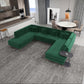 Modern living room with green sectional sofa, gray rug, and dining area, FredCo International furniture