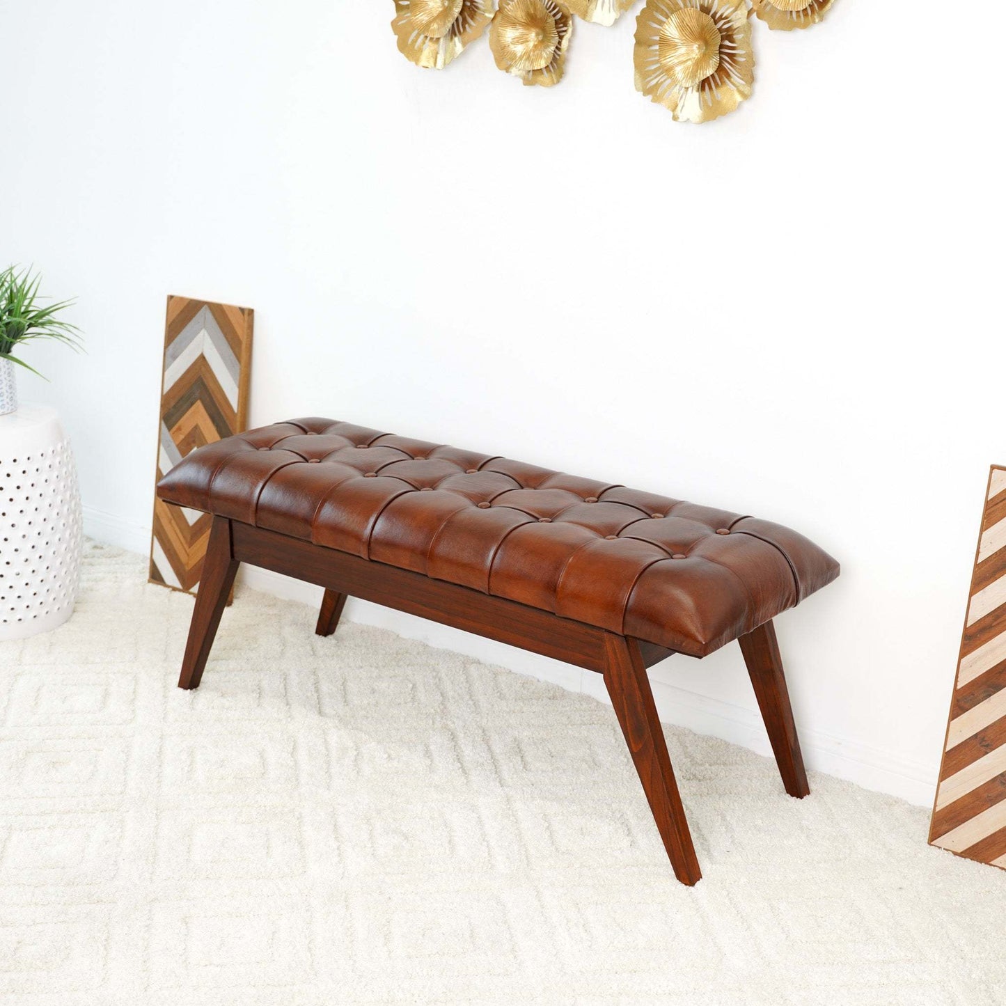 Maja Mid Century Modern Tan Leather Bench with Solid Wood Frame and Tapered Legs 17.7'H x 47.2'W x 15.7'D for Living Room Bedroom Waiting Room FredCo