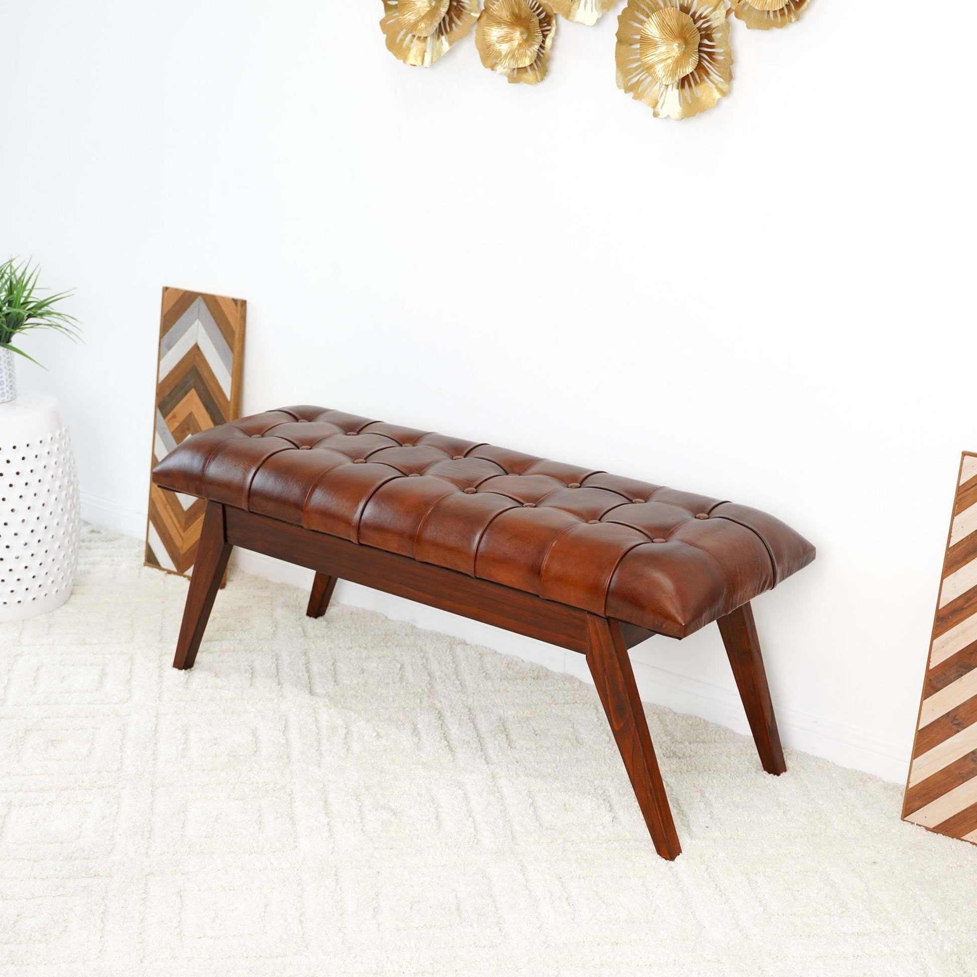 Maja Mid Century Modern Tan Leather Bench with Solid Wood Frame and Tapered Legs 17.7'H x 47.2'W x 15.7'D for Living Room Bedroom Waiting Room FredCo