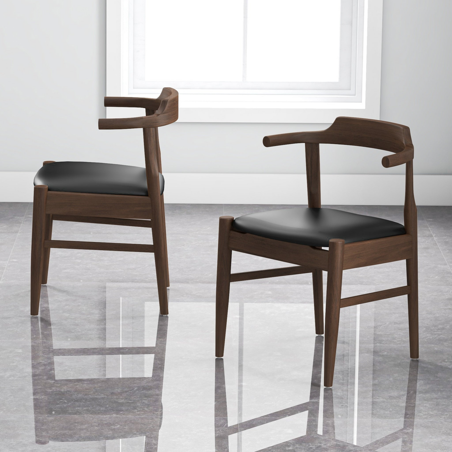 Leon Mid-Century Modern Leather Dining Chair Set of 2 with Solid Wood Frame in Black FredCo