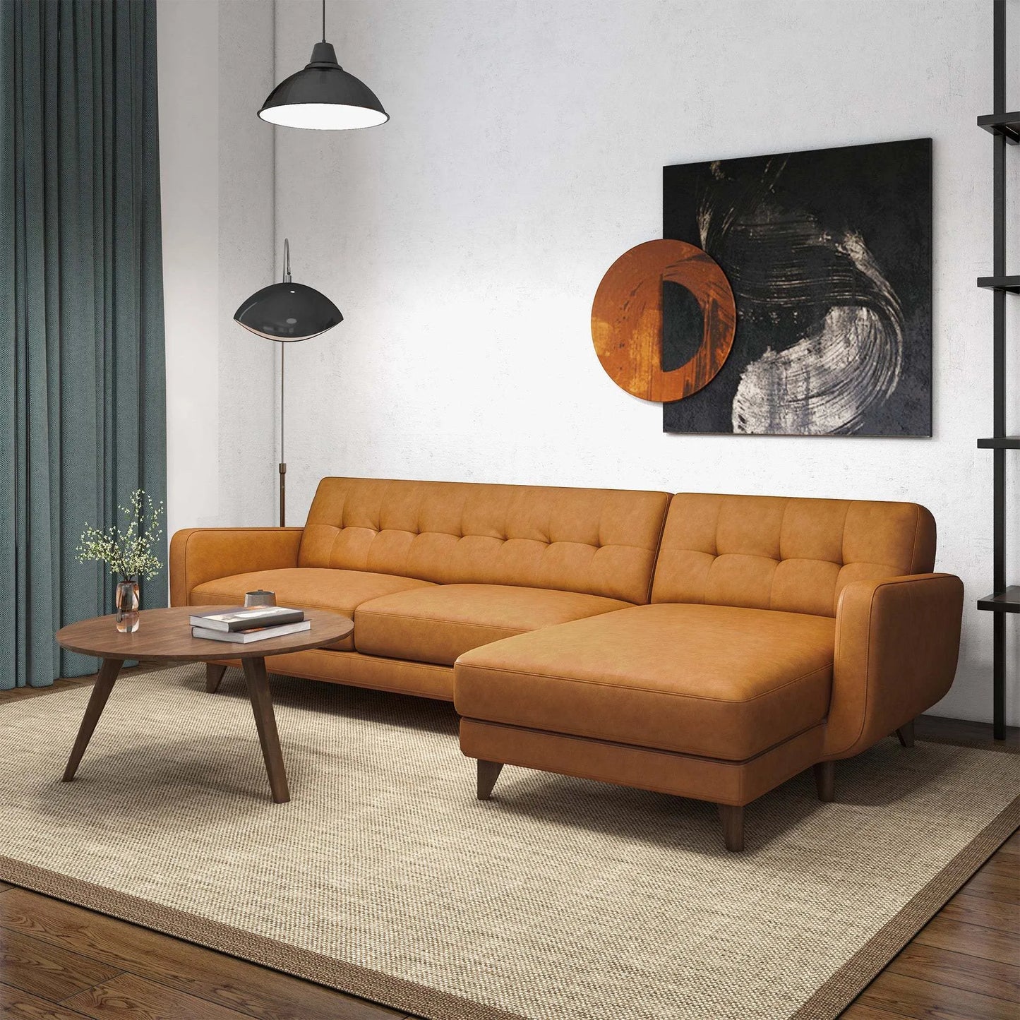 Modern living room with tan sectional sofa, mid-century coffee table, and abstract wall art