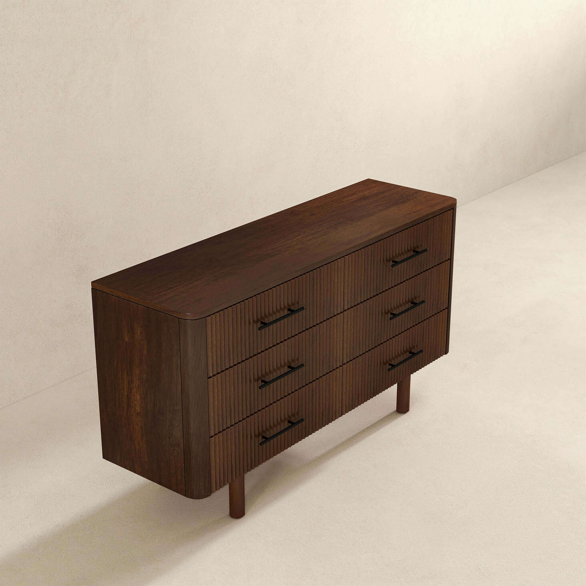 Modern dark wood dresser with three drawers and black handles, FredCo International furniture