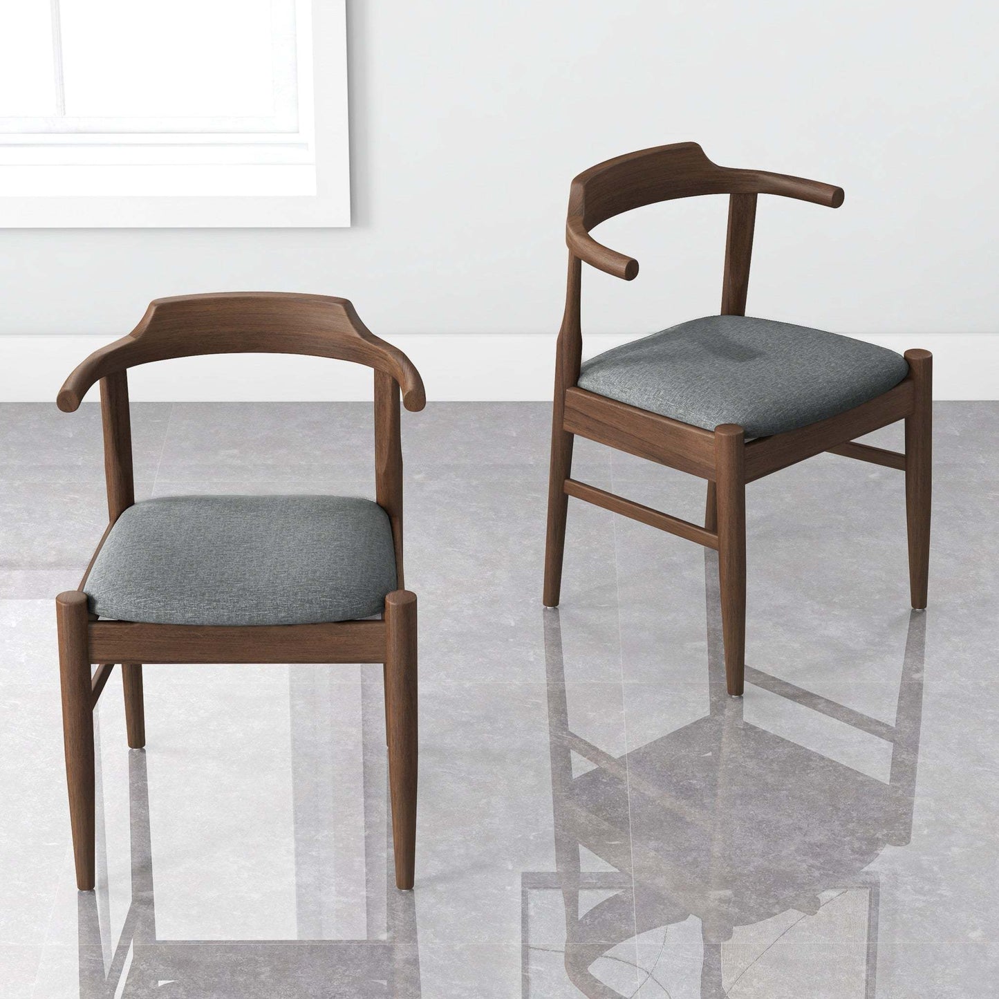 Modern wooden dining chairs with gray cushions on a glossy floor, FredCo International furniture