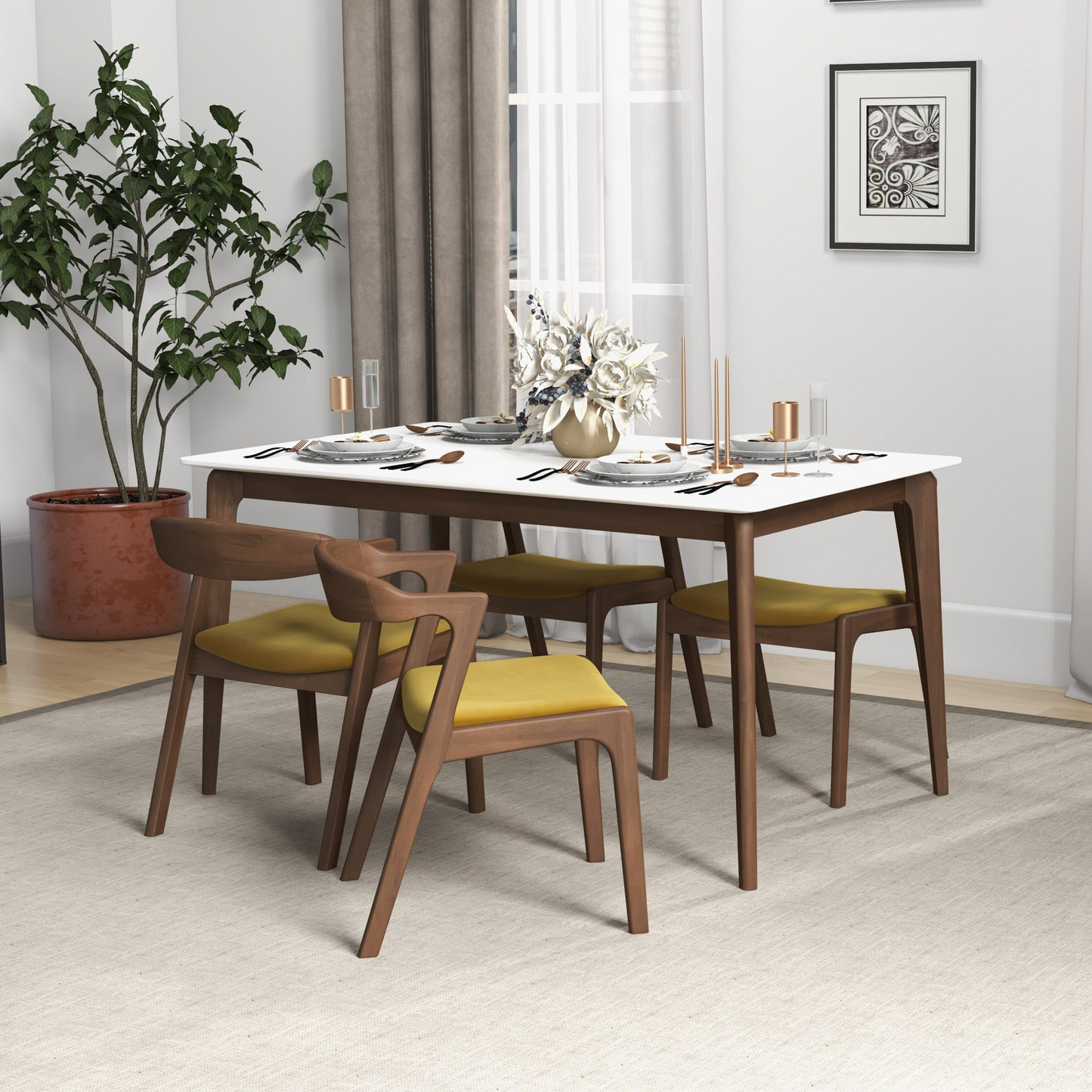 Dakota Dark Yellow Velvet Dining Chair (Set of 2) With Solid Wood Legs and Mid-Century Modern Design 29.3'H x 16'W x 22'D FredCo
