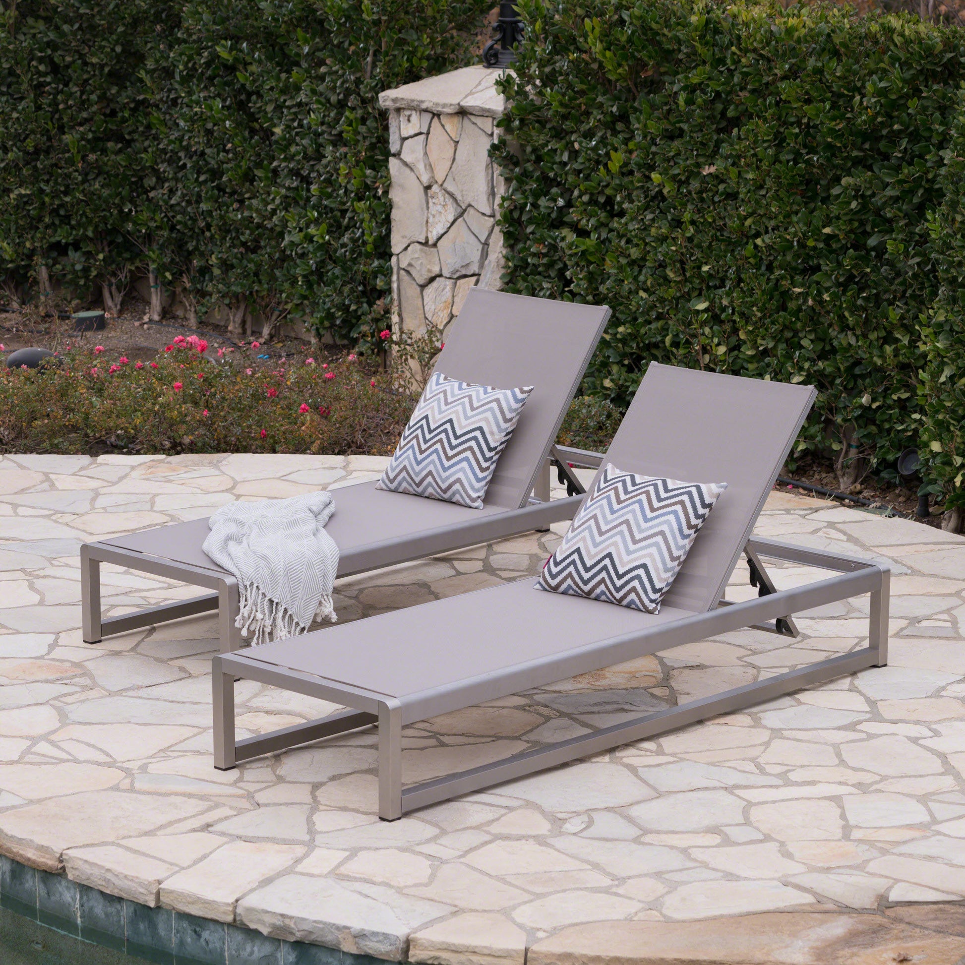 Outdoor Chaise Lounge Set of 2 with Adjustable Aluminum Frame and Textilene Mesh Seating in Grey FredCo