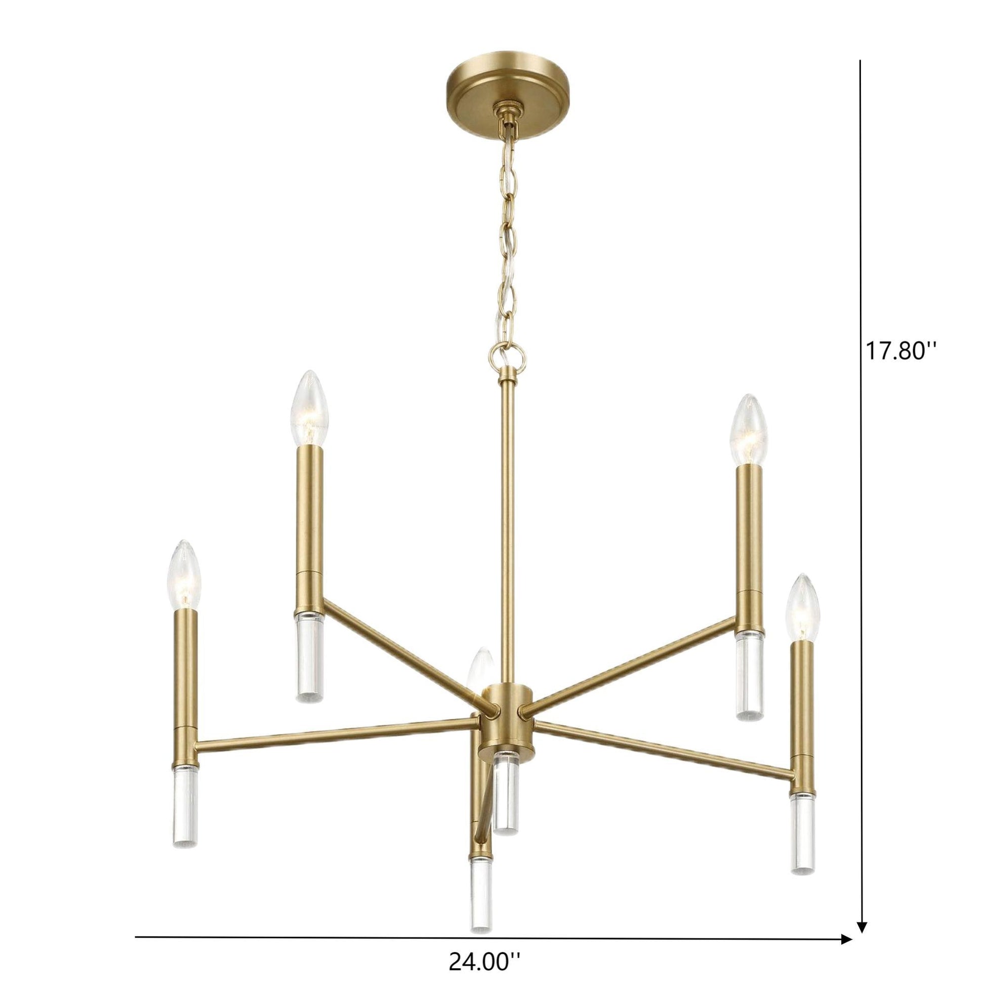 Modern gold 5-light chandelier with exposed bulbs, 24 inch wide, for home lighting decor