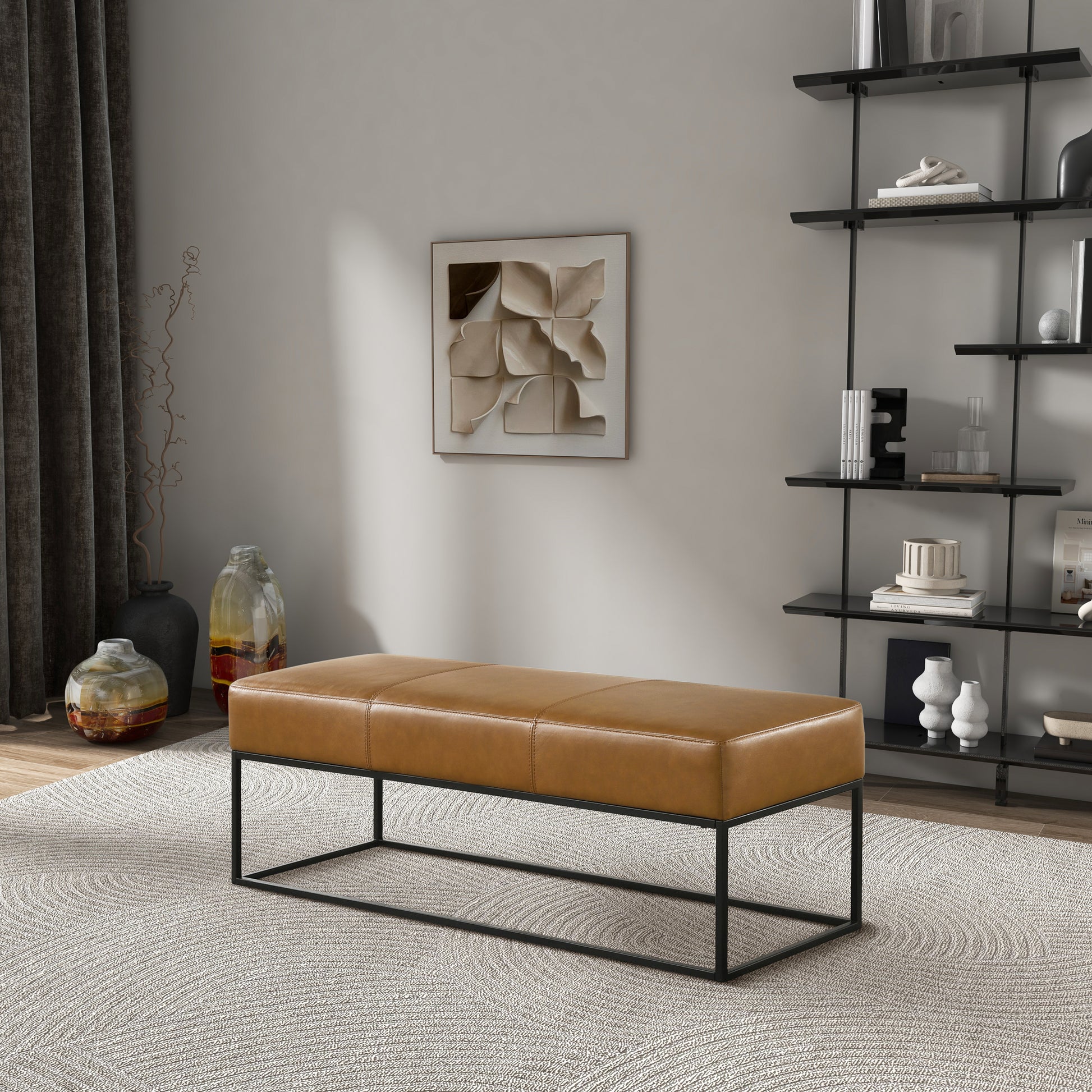 Modern brown leather bench with black metal frame in stylish living room, FredCo International furniture