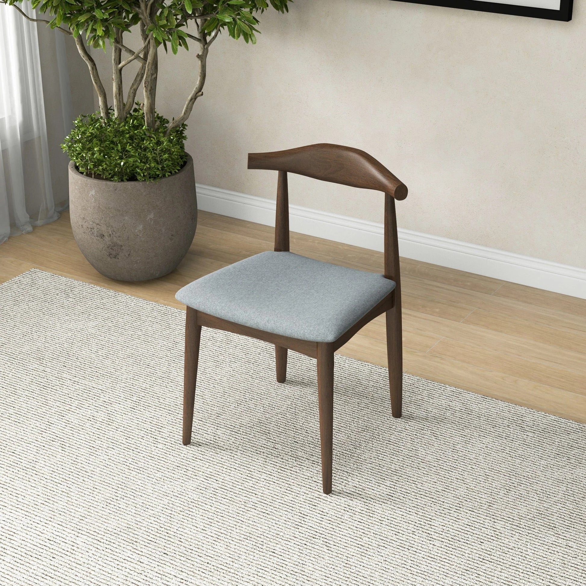 Modern wooden dining chair with light gray cushion on rug, near potted plant in a bright room