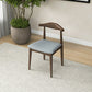 Modern wooden dining chair with light gray cushion on rug, near potted plant in a bright room