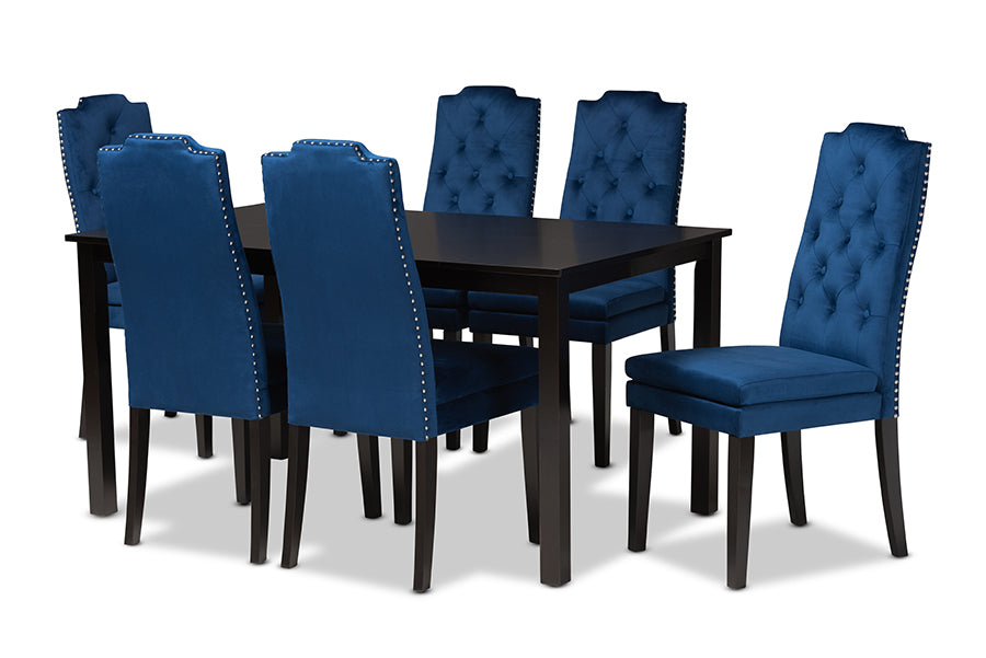 Baxton Studio Dylin Modern and Contemporary Navy Blue Velvet Fabric Upholstered and Dark Brown Finished Wood 7-Piece Dining Set