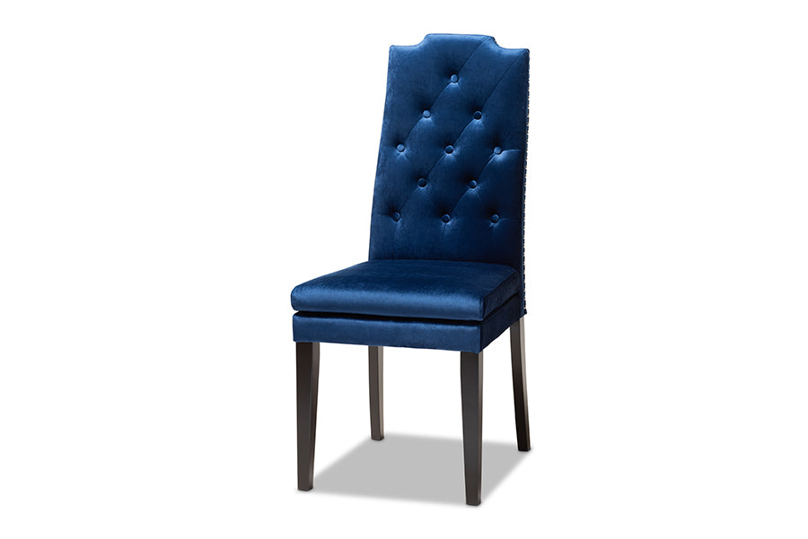 Baxton Studio Dylin Modern and Contemporary Navy Blue Velvet Fabric Upholstered and Dark Brown Finished Wood 7-Piece Dining Set