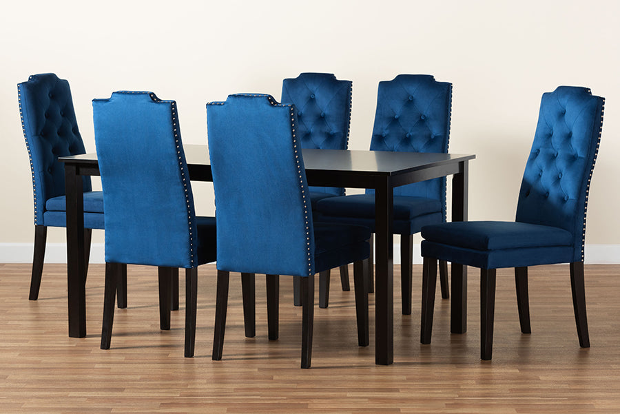 Baxton Studio Dylin Modern and Contemporary Navy Blue Velvet Fabric Upholstered and Dark Brown Finished Wood 7-Piece Dining Set
