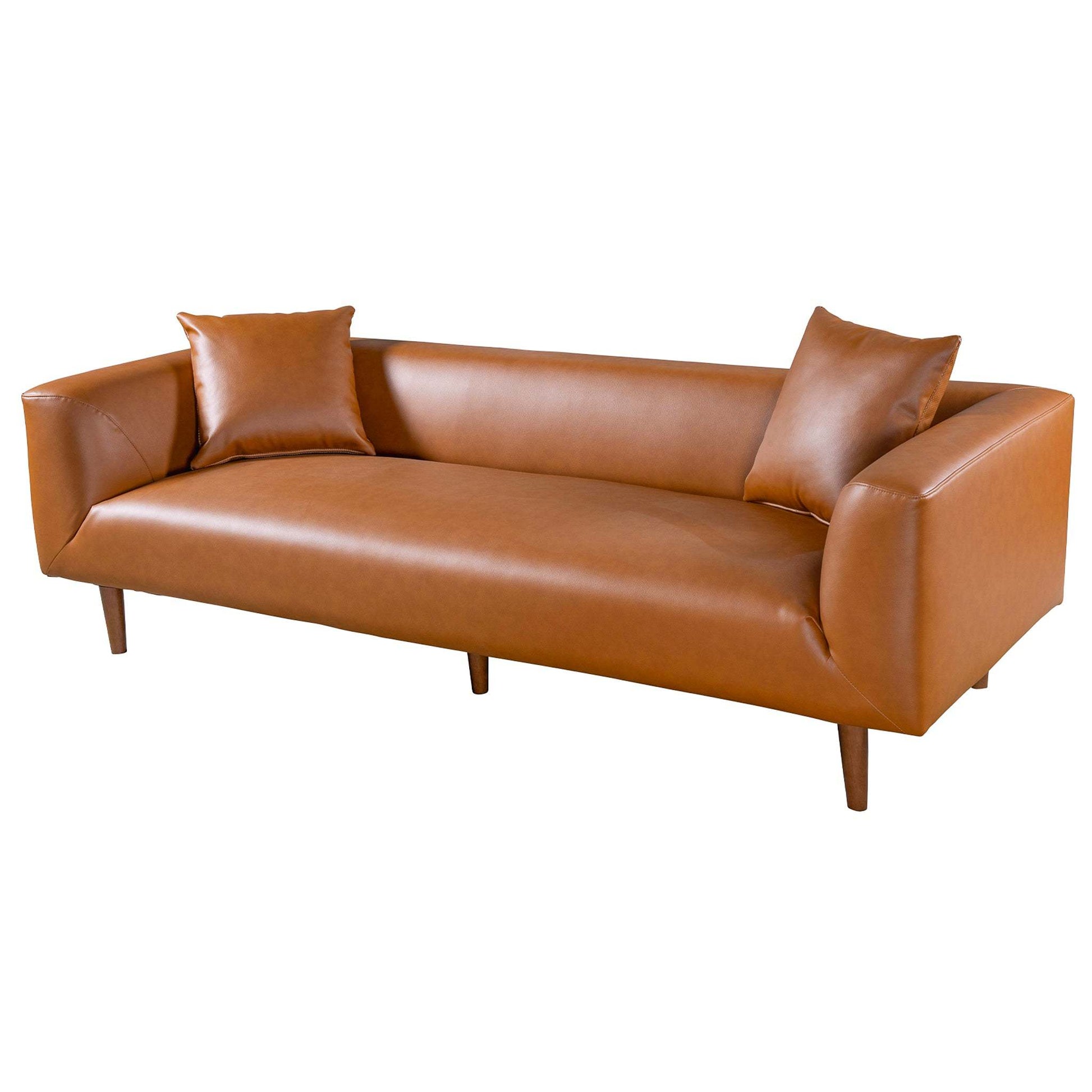 Modern brown leather sofa with two matching pillows, mid-century style, FredCo International