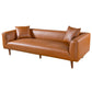 Modern brown leather sofa with two matching pillows, mid-century style, FredCo International