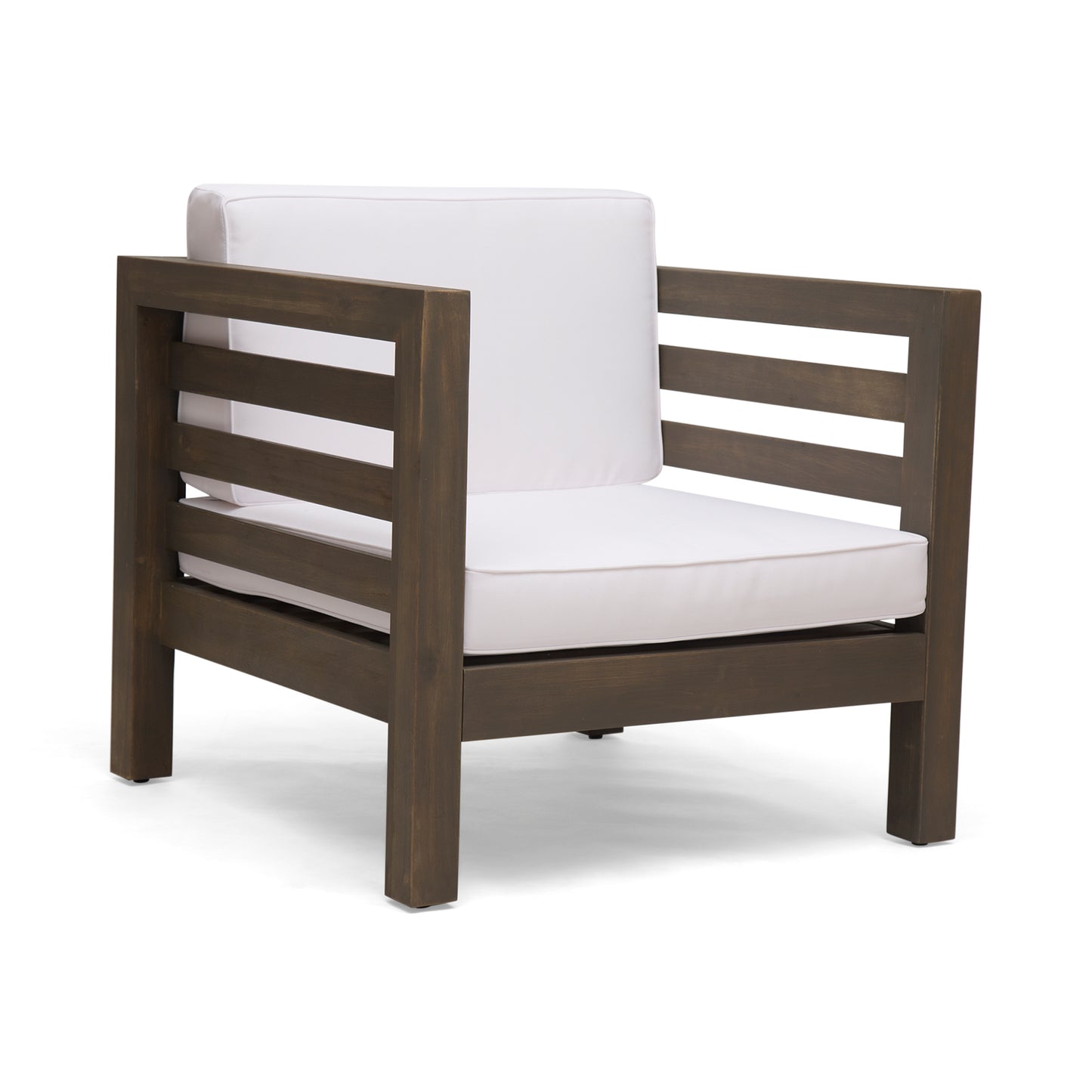 Outdoor Club Chair, Acacia Wood Patio Chair with Fabric Cushion for Backyard, Poolside, Garden or Porch, Grey Frame and White Cushions
