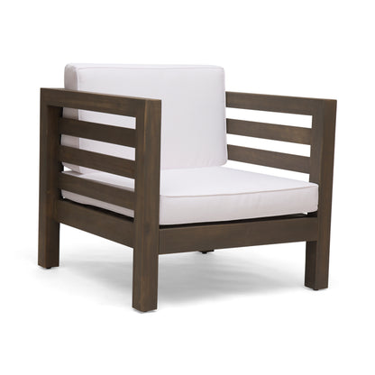 Outdoor Club Chair, Acacia Wood Patio Chair with Fabric Cushion for Backyard, Poolside, Garden or Porch, Grey Frame and White Cushions