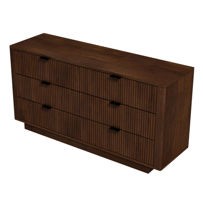 Modern dark wood dresser with three drawers, ribbed front, and black handles, FredCo International furniture