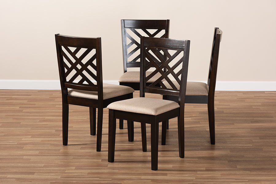 Baxton Studio Caron Modern and Contemporary Sand Fabric Upholstered Espresso Brown Finished Wood Dining Chair Set of 4