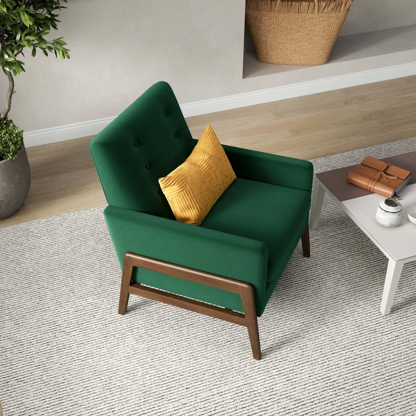 Modern green accent chair with yellow cushion in stylish living room, FredCo International furniture