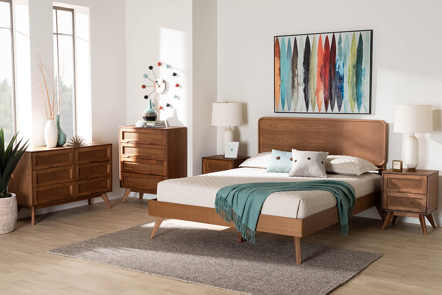 Baxton Studio Demeter Mid-Century Modern Walnut Brown Finished Wood Queen Size 5-Piece Bedroom Set