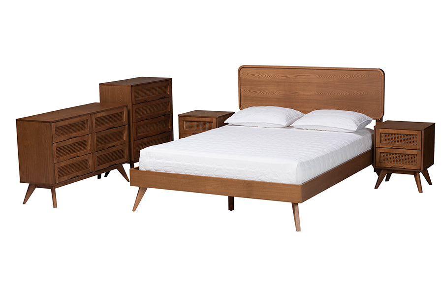 Baxton Studio Demeter Mid-Century Modern Walnut Brown Finished Wood Full Size 5-Piece Bedroom Set