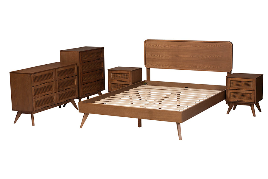 Baxton Studio Demeter Mid-Century Modern Walnut Brown Finished Wood Full Size 5-Piece Bedroom Set