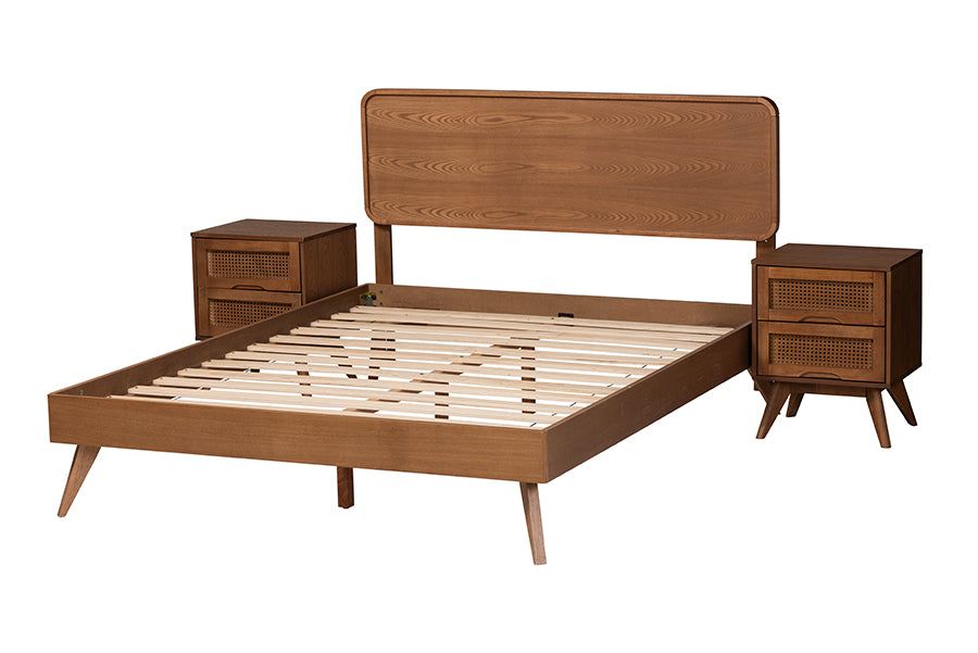 Baxton Studio Demeter Mid-Century Modern Walnut Brown Finished Wood Queen Size 3-Piece Bedroom Set