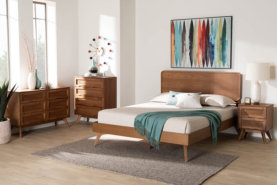 Baxton Studio Demeter Mid-Century Modern Walnut Brown Finished Wood Full Size 4-Piece Bedroom Set