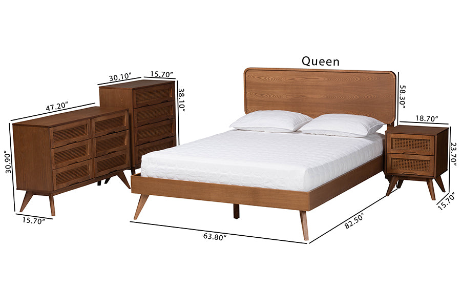 Baxton Studio Demeter Mid-Century Modern Walnut Brown Finished Wood Queen Size 4-Piece Bedroom Set