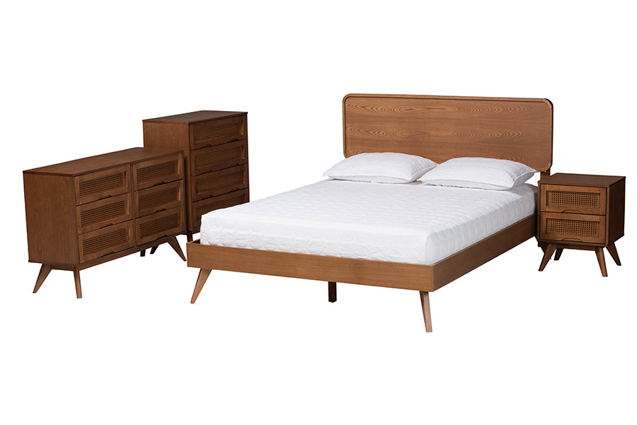 Baxton Studio Demeter Mid-Century Modern Walnut Brown Finished Wood King Size 4-Piece Bedroom Set