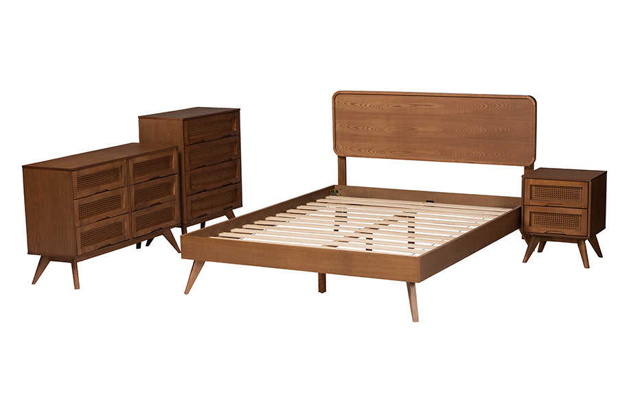 Baxton Studio Demeter Mid-Century Modern Walnut Brown Finished Wood Full Size 4-Piece Bedroom Set