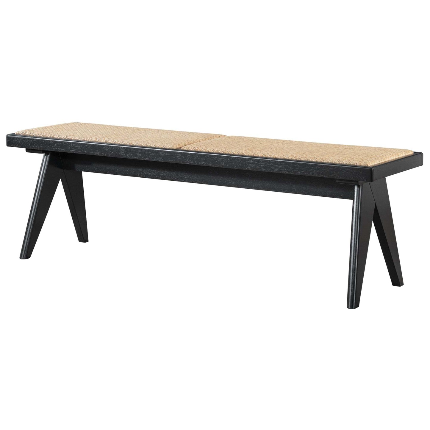Modern black wood bench with natural woven seat, stylish home furniture from FredCo International