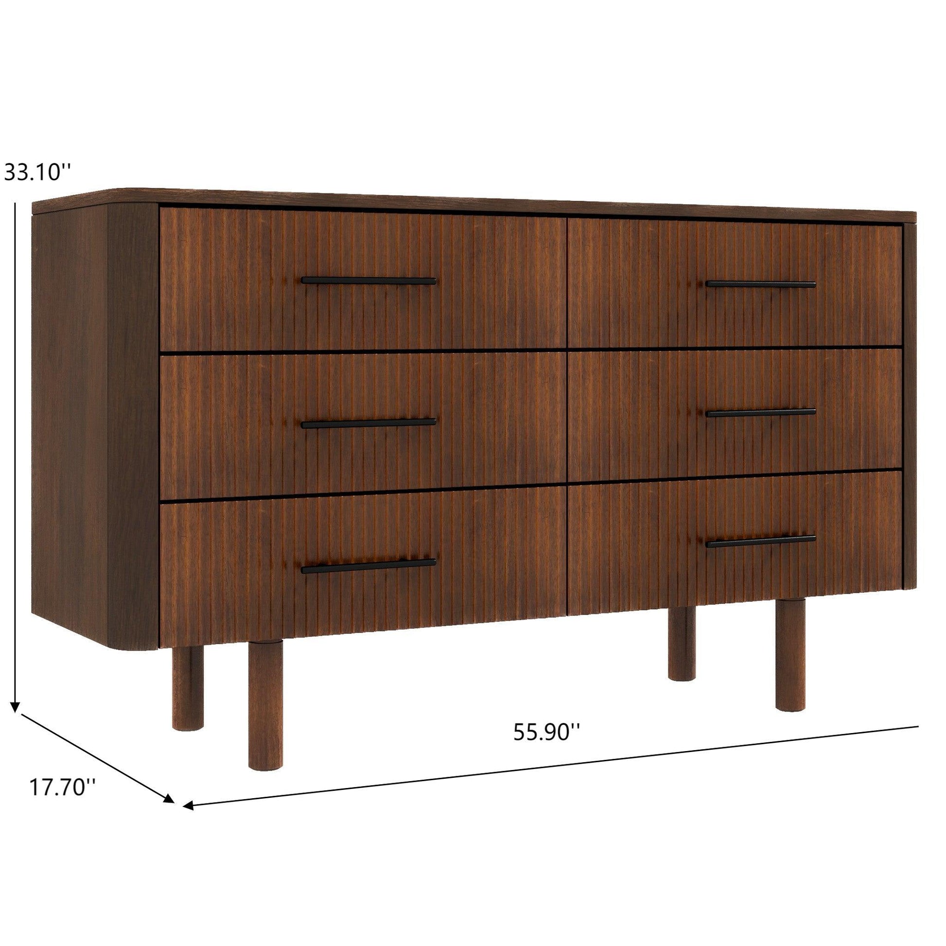 Modern wood dresser with six drawers and black handles, featuring listed dimensions