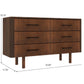 Modern wood dresser with six drawers and black handles, featuring listed dimensions