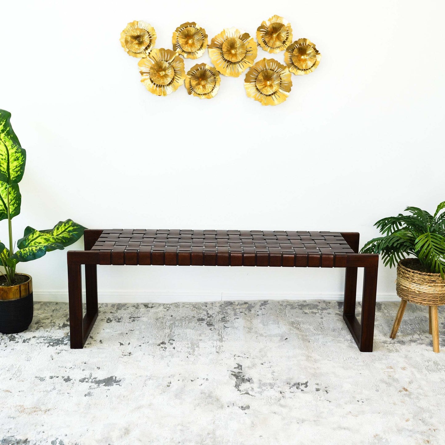 Christina Mid-Century Modern Tan Leather Bench with Solid Wood Frame and Tapered Legs 18.5'H x 55'W x 15.7'D for Living Room Bedroom Waiting Room FredCo