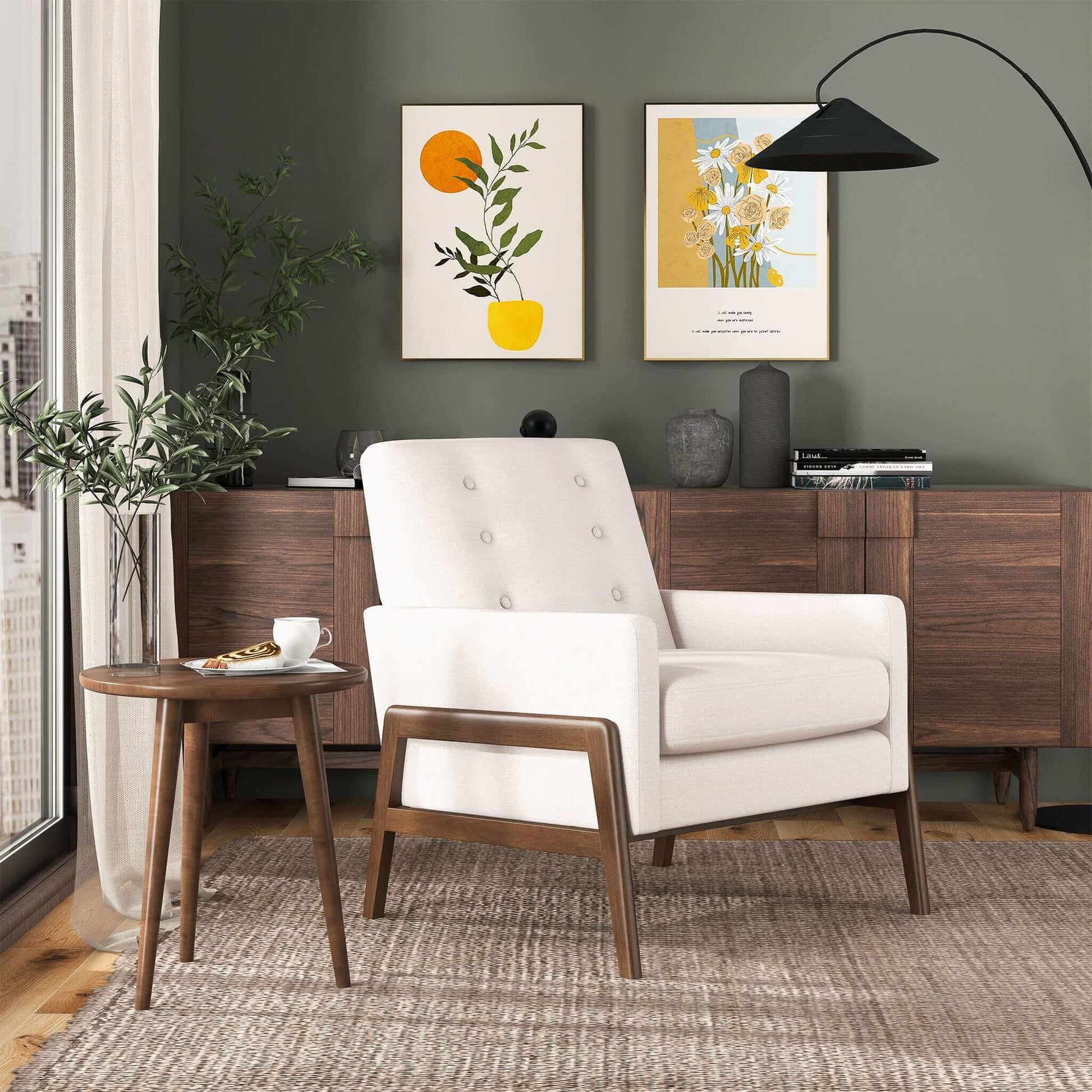 Modern living room with white accent chair, wooden side table, and mid-century decor from FredCo International