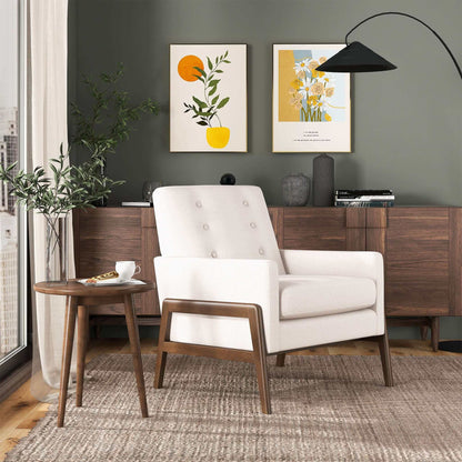 Modern living room with white accent chair, wooden side table, and mid-century decor from FredCo International